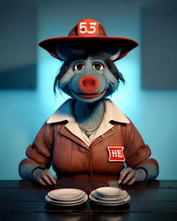 Waist up portrait, hybrid character, waitress British woman with classic muppet mask that covers her entire head and face, Sesame Street style, retro style, pub, short shirt, tray, beer, old school tattoo, hot, smooth, unreal engine 5, god lights, ray tracing, RTX, lumen lighting, ultra detail, volumetric lighting, 3d.