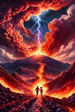 extreme closeup of the highly detailed, panicked faces of two panicked teens, a freckled Chinese boy and a beautiful redhead girl, they are running towards the viewer from a volatile volcano on the horizon, heat lightning strikes as smoke rises lazily into a dying sunset, starry night, luminous color sparkles, glitter, nebula sky, molten lava, cracks in the earth, like Armageddon