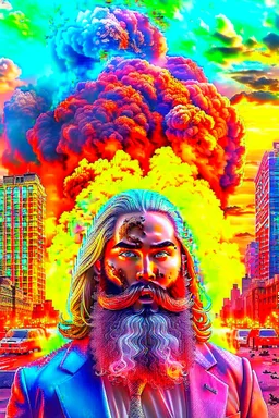 A volcano exploding over a New York City, inside the explosion a a transparent face of a man with long beard with big open eyes the ghost of distraction