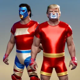 Realistic image of Donald trump wrestler, Mexican wrestling style, Mexican eyes wrestling mask, red and blue breeches, glow us flag dress, suspenders, retro style, 80s, vibrant color, highly detailed, sky background, concept art, unreal engine 5, god rays, ray tracing, RTX, lumen lighting, ultra detail, volumetric lighting, 3d, finely drawn, high definition, high resolution.