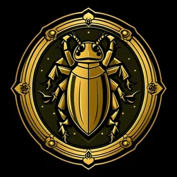 Create an elegant shield logo with a cockroach in the middle, holding a gold coin