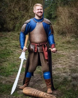 strong medieval warrior with short blond hair, blue eyes and wide warm smile with an axe with green and brown clothes