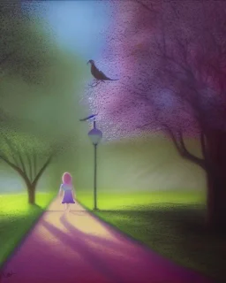 park mystical dream, park bench, man, woman, child, dog, trees, path, bird, sunshine, mystical, fantasy, romanticism, pastel colors, daylight, daytime, acrylic painting, detailed, soft focus,