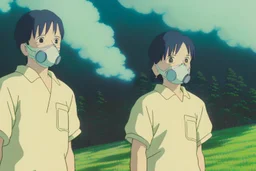 A close-up of Yui and Toshi wearing respirators, their eyes widened in revelation as they discover the connection between the Whispering Pines and their respirators, the trees glowing faintly in the background.