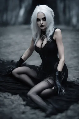 Beautiful goth girl crawling towards the camera in a scary position. White hair, dark make-up, grin on face, black, tight dress. super realistic, smoky background