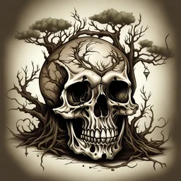 tattoo design of a human skull with a hole in the top a dead tree through it and roots coming out the jaw