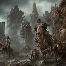 post apocalyptic, medieval city, 4 riders of death, high details, 8k, hyper realistic