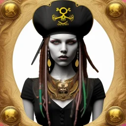 a pirate professional studio portrait photography of a young, pirate, goth, attractive, friendly, casual, delightful, intricate, gorgeous, female, piercing green eyes, wears a gold ankh necklace, femme fatale, nouveau, curated collection, annie leibovitz, nikon, award winning, breathtaking, groundbreaking, superb, outstanding, lensculture portrait awards, photoshopped, dramatic lighting, 8 k, hi res