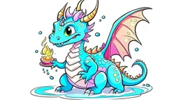 cartoon illustration: the dragon is eating a cake