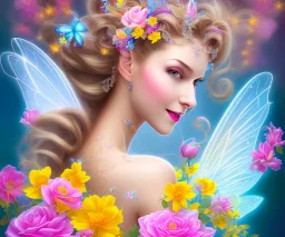 beautiful bright fairy portrait who smiles with long hair, thin face, two hands, 5 fingers, two transparent wings on her back in a pink,blue, yellow flowers background,