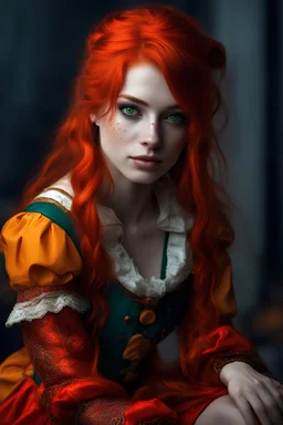 Human, 19yo girl, redhair, medieval, fantasy, jestet suit, green eyes, crazy smile