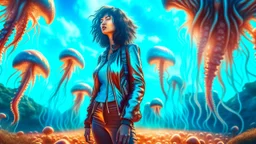 woman with black hair, in brown leather trousers and jacket, walking through Alien mushrooms with jellyfish tentacles in an alien forest, photorealistic, Deep Colour, Intricate Detail, sunshine, blue sky