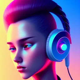 woman teenager, headphones, retro futuristic, braun, shaved hair, leather, gradient color, BLUE, PINK, CYAN, neon, insanely detailed, 16k resolution, perfect eyes, cinematic smooth, intricate detail