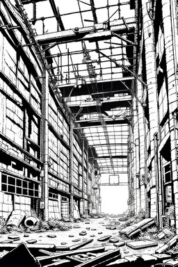 Abandoned industrial warehouses, line arts, manga style