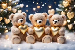 cute teddy bears holding hearts covered in sparkling gold glitter, beautiful winter composition, snowflakes, pine branches, Christmas ornaments and glowing Christmas lights