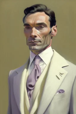 Man in his 40s, thin, clean-shaven; he wears and Ivory double-breasted suit and a silk scarf of the same color; careful look