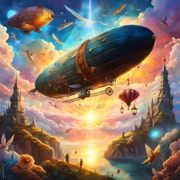 A Zeppelin flying in a fantasy sky next to fantasy creatures. Light, Sunset, Happy, Fantasy. Magical. Epic. Dramatic, highly detailed, digital painting, masterpiece