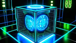 Cube tesseract from movie Loki. Tesseract should not be cropped. Located strictly in the middle of picture with navy blue/green glow inside tesseract. Without surface/table on which it stay.