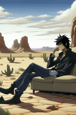 Nicholas Wolfwood Trigun is sitting on a couch in the middle of the desert