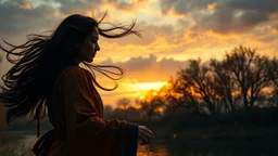 Hyper Realistic Photographic Silhouette View of a Beautiful Young Pashto Woman in with beautiful eyes, long black hair whirling in air, wearing a cultural Pashto Attire dancing on the Riverside at autumn weather with dry orange leaves falling from trees & breathtaking beautiful cloudy sunset showing dramatic & cinematic Ambiance.