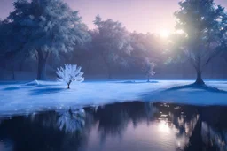 Ice blocks, one tree, night, lagoon reflection, sci-fi, epic,