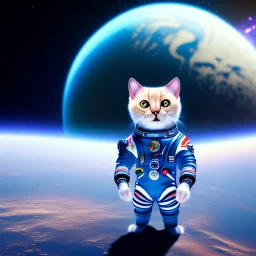 Cat wearing space suit, no helmet, standing in spaceship, earth in background, 8k, unreal engine 5,high res.