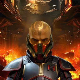 star wars bald male corellian jedi wearing gunmetal grey and black old republic armored flightsuit with gold and metallic red trim inside the jedi temple, centered head and shoulders portrait, hyperdetailed, dynamic lighting, hyperdetailed background, 8k resolution, volumetric lighting, light skin, fully symmetric details