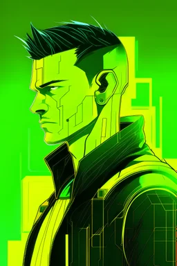 Draw a handsome cyberpunk guy with neon yellow inserts