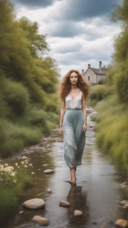 full body shot of a very beautiful lady curvy hair, walks in the country side with a narrow river with clean water and nice rocks on floor. The trees and wild flowers pretty country houses ,nice cloudy sky.