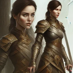 dungeons and dragons, female human, druid, brown hair, brown eyes, full body, realistic face, short hair, hair tied back, large nose, closed mouth, leather armor