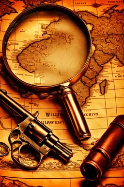 old wildwest revolver laying on an old map next to a magnifying glass, hyper realistic