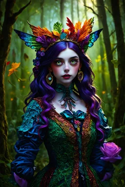 dark surealis ,horor ,vacui art, Nymph yang surealis mengenakan pakaian steampunk Kerajaan berwarna-warni yang dibuat dengan quilling yang ditemukan di alam; gaya gothic, bermata lebar ,bulu.mata panjang,ekspresi manja ,AddXL,bioluminescent,-garde, atmosfer, musim semi,