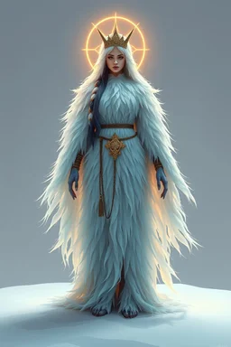 good low poly meerwoman priest woman with long fur all over her entire body and bright aura