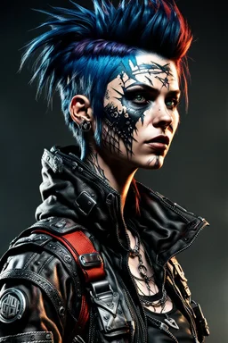 create a full body hyper realistic 3d, 8k portrait of a raggedly dressed, post apocalyptic, female goth punk scavenger , with highly detailed and deeply cut facial features, searing lines and forceful strokes, precisely drawn, boldly inked, with gritty textures, vibrant colors, dramatic otherworldly lighting