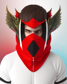 Draw an illustration with a red and black hood and a dragón mask over they eyes, front view