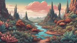 comic style, highly detailed ,gorgeous otherworldly landscape, otherworldly plants