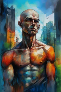 A surreal picture of a man with crystal visible chest in side it merge a big city buildings. Busch painting style , mystery, anger oil rough brush with thick colors