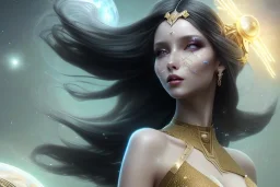  beautiful cosmic woman, long black hair, nice smiling, magic glamour make up, delicate colors, beautiful glamour galactique dress, ultra sharp focus, 8k, unreal engine 5, extremely sharp detail, light effect, soft light atmosphere of a spaceship, smooth, full of details, face in front, complete vision of face and hair and body