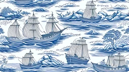 A nautical toile de jouy seamless pattern blue and white