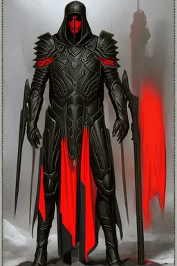 a man modern in military science fiction armor, the armor must be made of spiritual fabric, black and red. a fabric similar to that worn by men of the witch church of the past.