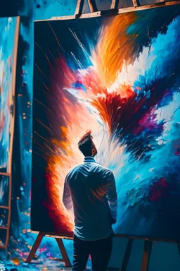 A artist is looking at his canvas painting, the painting is exploding towards him with memories and images that was painted, abstract, weird,8 k, , high quality