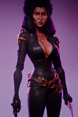 Pam Grier as evil queen in black leather, leather, busty, cleavage, angry, stern look. character design by cory loftis, fenghua zhong, ryohei hase, ismail inceoglu and ruan jia. unreal engine 5, artistic lighting, highly detailed, photorealistic, fantasy