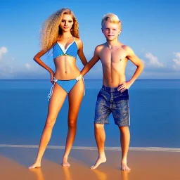 full body image of a beautiful 12 year old girl and a beautiful 12 year old boy with long, blonde curly hair and light blue eyes, smiling, shirtless, in front of an distant beach, 8k