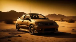 Create a compelling image featuring a 1998 Honda Civic in a post-apocalyptic setting within a desert engulfed by a sandstorm. Utilize a post-apocalyptic photography style to capture the rugged and desolate atmosphere. Ensure that the scene evokes the essence of a world transformed, with the weathered Honda Civic standing resilient amidst the harsh conditions of the desert and swirling sandstorm.