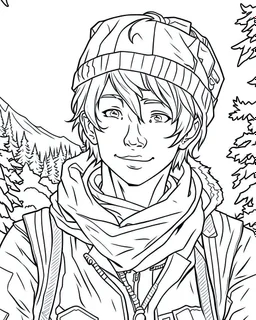 outline art for real Kristoff In The Snow coloring page, Japanese manga style, cartoon style, cute face, white background sketch style, full body is a must, only use outline, clean line art, no shadow, bold outline