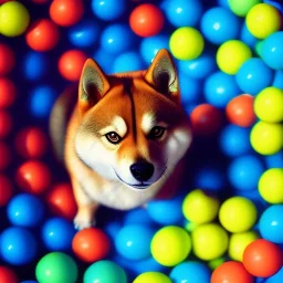 shiba inu swimming in a ball pit