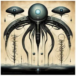 otherworldly glyphs art, first contact concept art, abstract surrealism, by Andy Fairhurst and Brian Despain, by H.R. Giger, silkscreened mind-bending illustration; sci-fi poster art, asymmetric, alien colors, vertical scroll of dashes and symbols, complex biomorphism, technical biomechanics, futurism