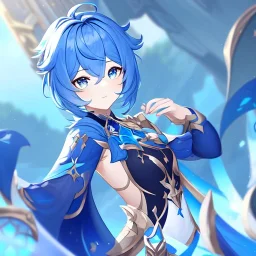 Clear focus,High resolution, Vibrant short blue hair, Vibrant blue eyes, Genshin impact inspired outfit