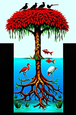 Watched a show about the Everglades, and found this fascinating. Birds exist on the top of tree, and fish in the roots. Bing prompt: a beautiful mangrove tree , with the root system under water in the Everglades, with fish and creatures living in the twisted roots, the image shows the bottom in water and the top has a red duckbill bird and a white heron living in the top of tree.