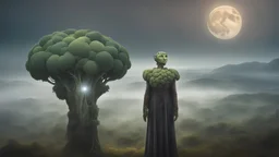 A moon that looks like a happy origin head broccoli above a landscape golden ratio, a robot in a ragged dress looks up in the distance, fog, and intricate background HDR, 8k, epic colors, fantasy surrealism, in the style of gothic